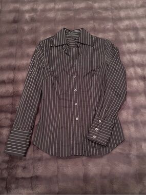 Express Design Studio Black Pinstripe Button Down V-Neck Long Sleeve Shirt
